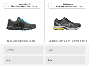 Search result listings for the same brand product in two competing marketplaces are rated based on relevancy by brand search