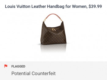 Potentially fake Louis Vuitton handbag flagged by counterfeit checks and fake merchandise