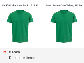 Two duplicate green shirts flagged by deduplication checks for ecommerce