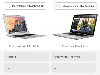 Text search results for same laptop in two competing marketplaces are rated based on relevancy by text search benchmarking