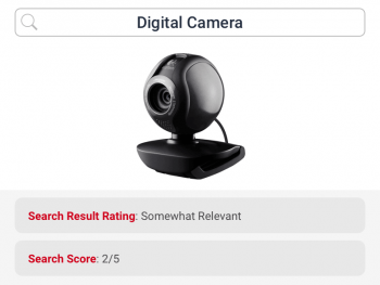 Search for digital camera returns somewhat relevant product and hence rated below average by ecommerce search for electronics