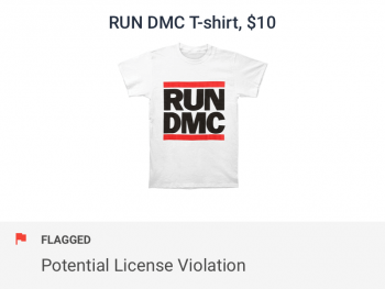 Plain white unlabelled shirt with RUN DMC logo flagged by IP violation checks and fake merchandise