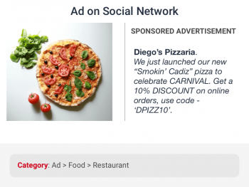 Sponsored ad on social media correctly categorized under food and restaurant by data categorization for social networks