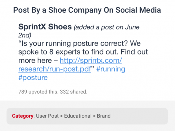 Social media post on running posture by a shoe brand company correctly categorized as educational user post by data categorization for social networks