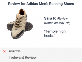 Irrelevant user generated review of heels on a men’s shoe image flagged by image review checks