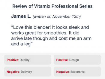 User generated review of blender tagged with positive and negative attributes by tagging and enrichment for ecommerce