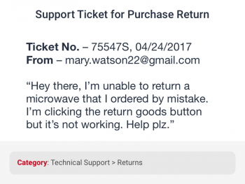 User generated support ticket for returns correctly categorized under support tickets by data categorization for ecommerce