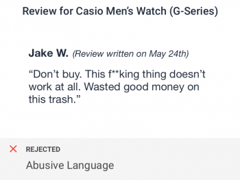 Abusive language in user generated review of a men’s watch flagged by text review checks for ecommerce